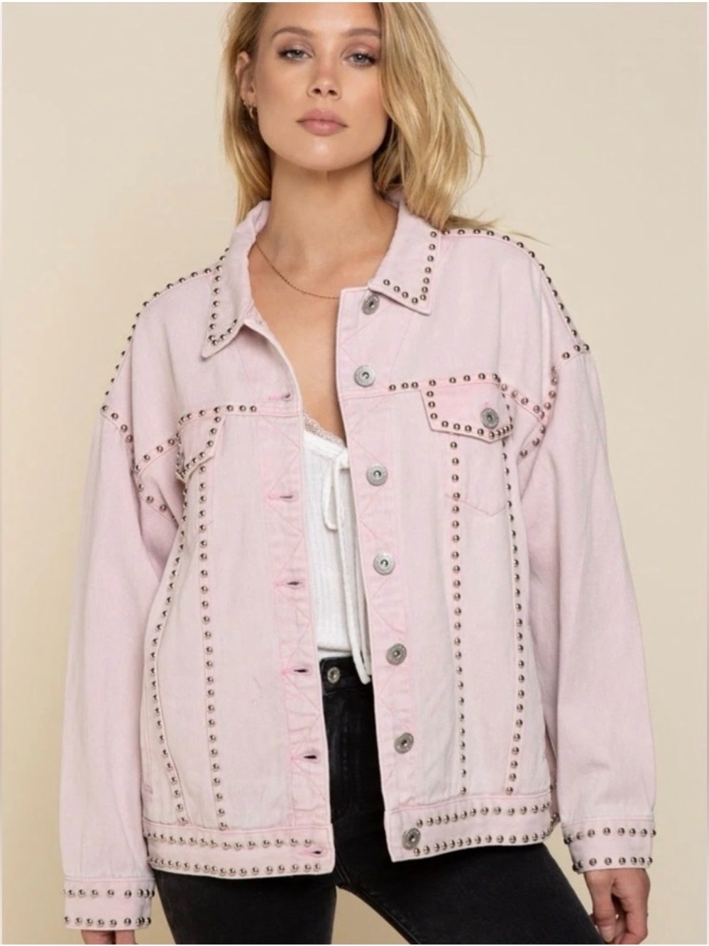 POL Pink Stud-Trim Denim Jacket - Women